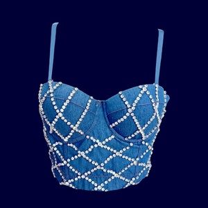 Rhinestone Denim Bustier Crop Top